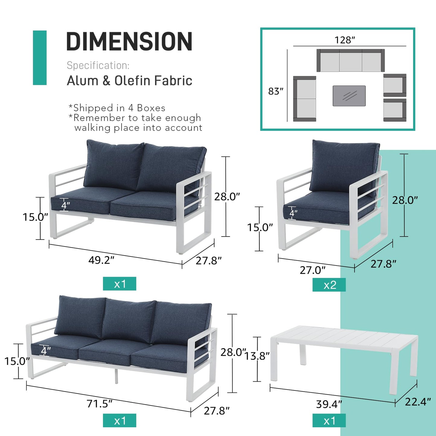 Patiorama Aluminum Patio Furniture Set, 5 PCS Modern Patio Conversation Set, All Weather White Outdoor Sectional Sofa Set w/Coffee Table, Patio Seating Set, Olefin Cushion, Garden-Blue Cushion