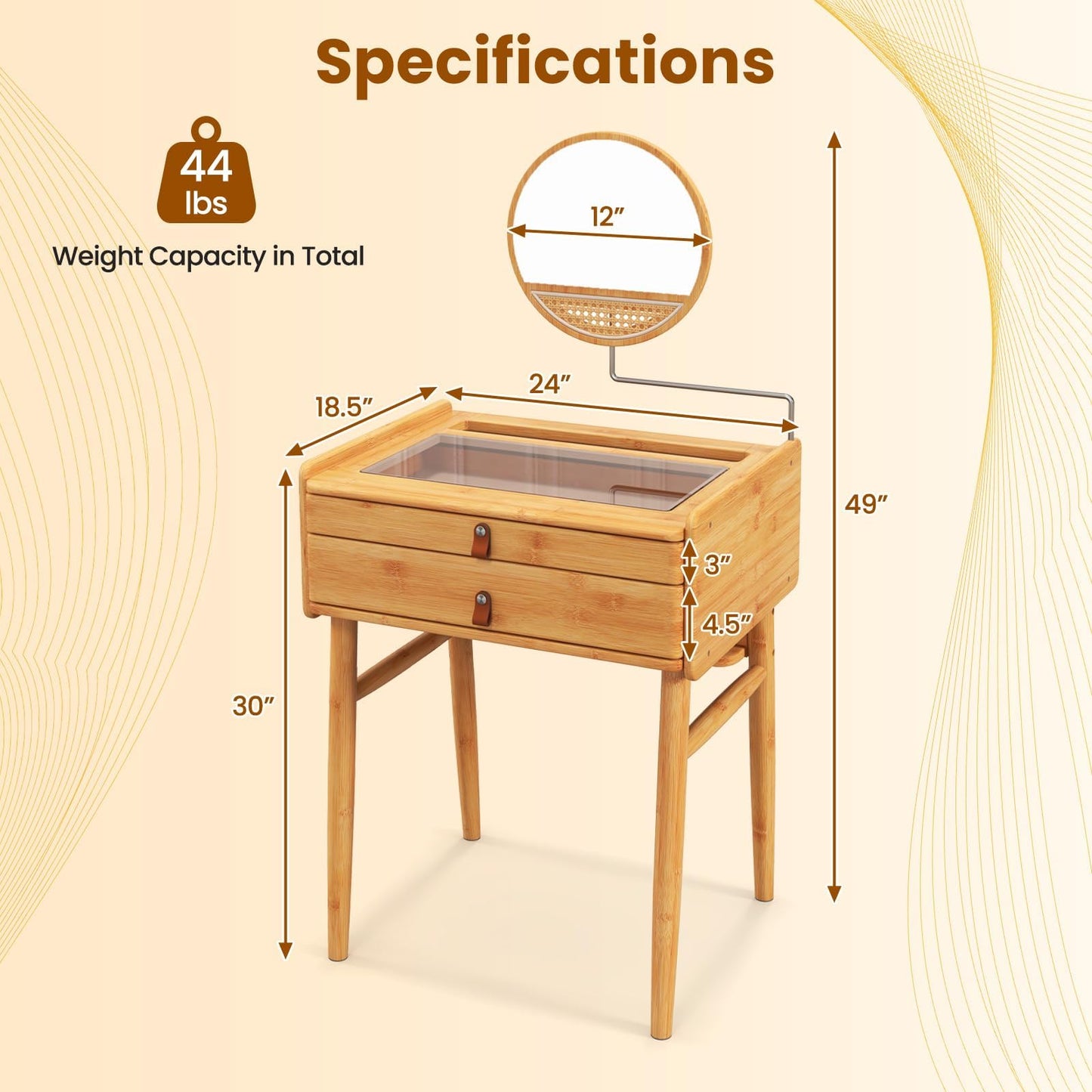 Generic Byroce Boho Vanity Desk, Makeup Vanity Table Set w/Mirror, Modern Vintage Dressing Table w/ 2 Drawers & Jewellery Display Tabletop, Rattan & Bamboo Style (Table & Stool Set), Natural