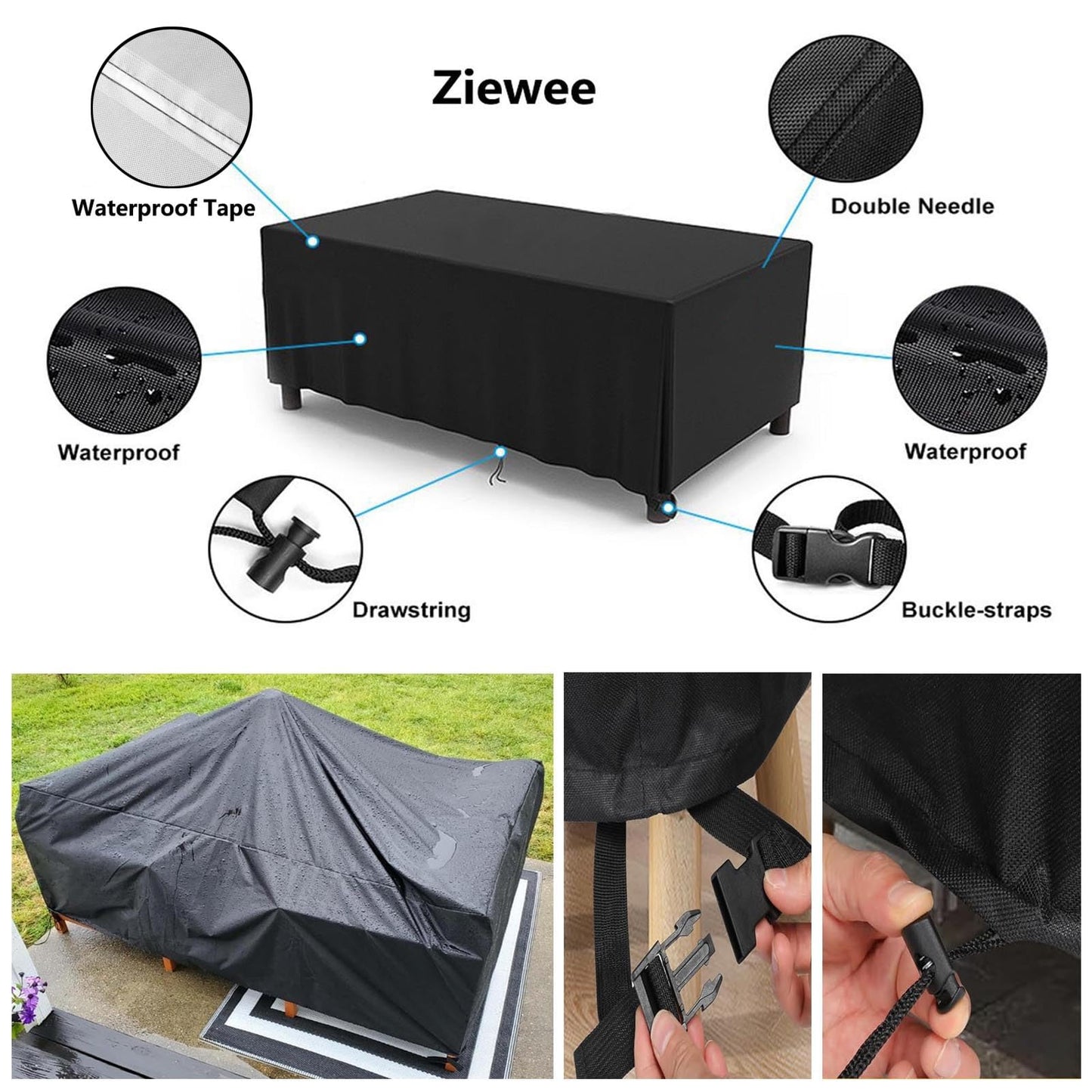 Patio Furniture Covers Outdoor Table Cover Waterproof Rectangular 420D Garden Dining Table Cover Wind Dust Proof Anti-UV Patio Sectional Couch Cover Table and Chair Set Covers 90"Lx65"Wx28"H Black