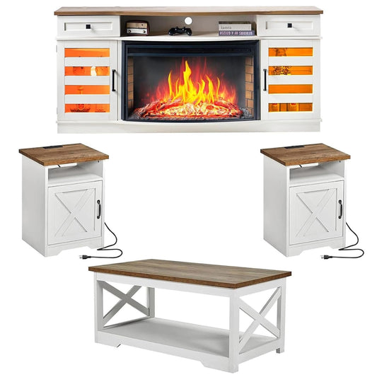 AMERLIFE Farmhouse Living Room Table Set of 4, Include 70" Fireplace TV Stand with 36" Curved Electric Fireplace, Coffee Table & 2 End Tables with Charging Station, White+Barnwood