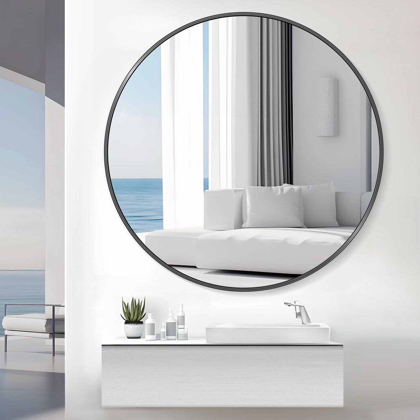 Koonmi 42" Black Circle Mirror Wall Mounted Round Mirror with Metal Frame for Bathroom/Living Room/Vanity/Bedroom