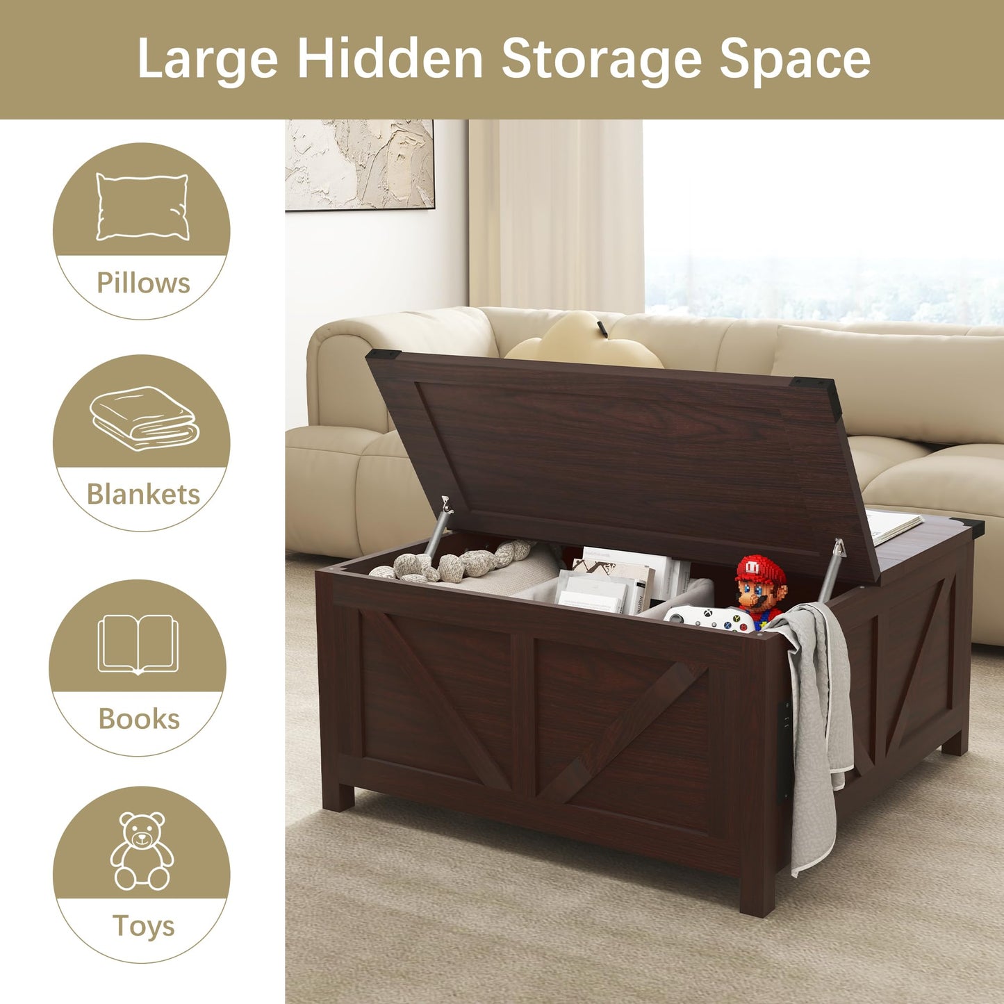 Otterease Farmhouse Coffee Table, 35'' Lift Top Coffee Table with Storage and Large Hidden Storage, Square Coffee Tables with Charging Station, Brown Coffee Tables for Living Room, Home, Office