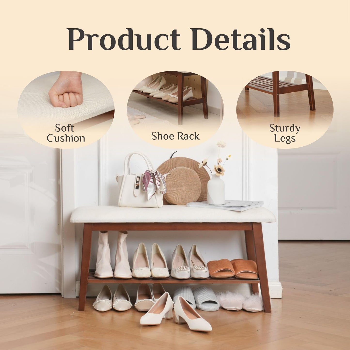 oakvivo Entryway Shoe Bench, 35.4" Bamboo Bench for Bedroom End of Bed, 2-Tier Shoe Rack with Cushion Padded Seat, Shoe Organizer Stable for Entry Hallway Living Room Bedroom, 35.4"W x11.2"D x 17.7"H