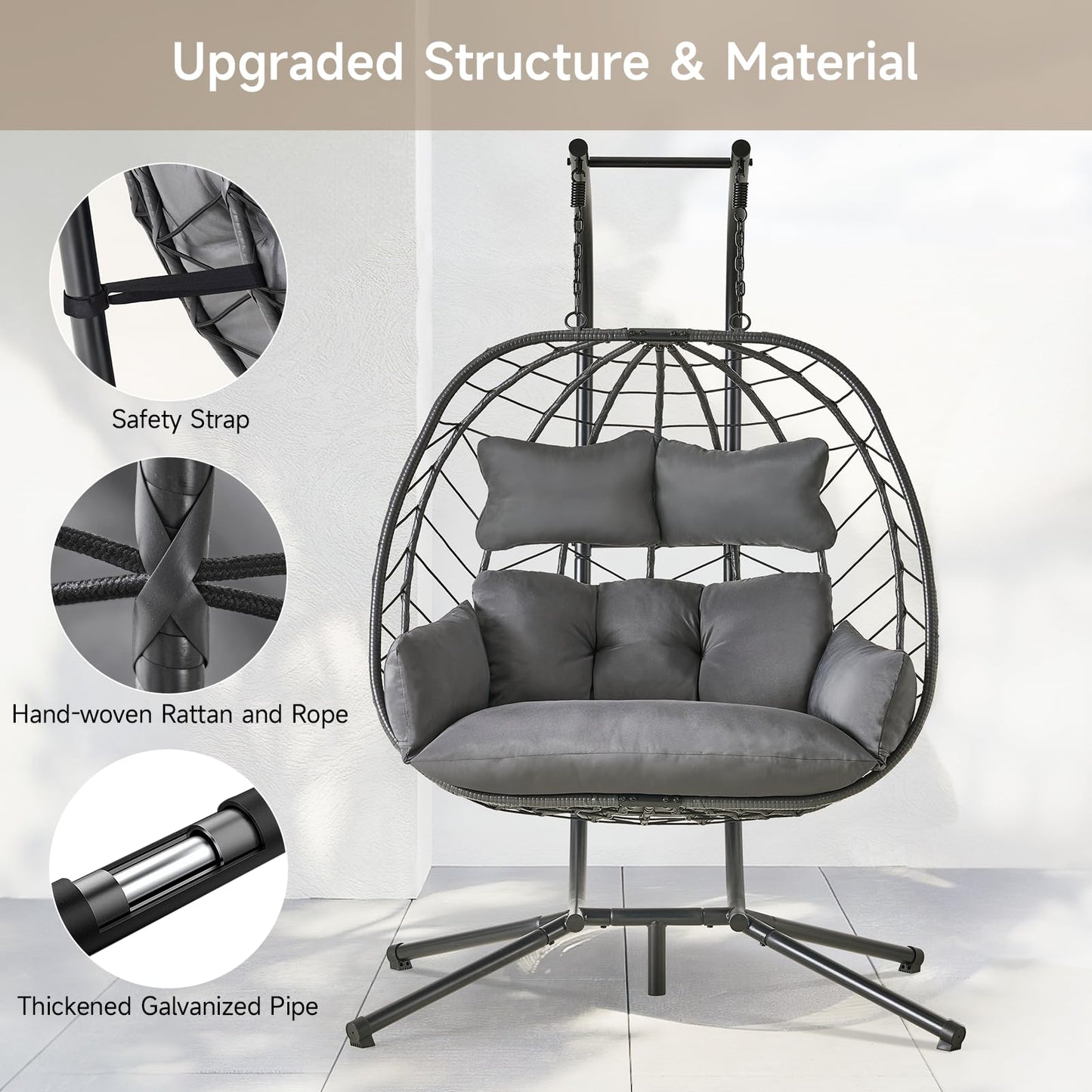 ONBRILL Double Egg Chair with Stand, Indoor Outdoor 2 Person Hammock Swing Chair with Cushions & Headrest, 650LBS Capacity Hanging Loveseat for Patio, Bedroom, Garden, Balcony (Black-Dark Gray)