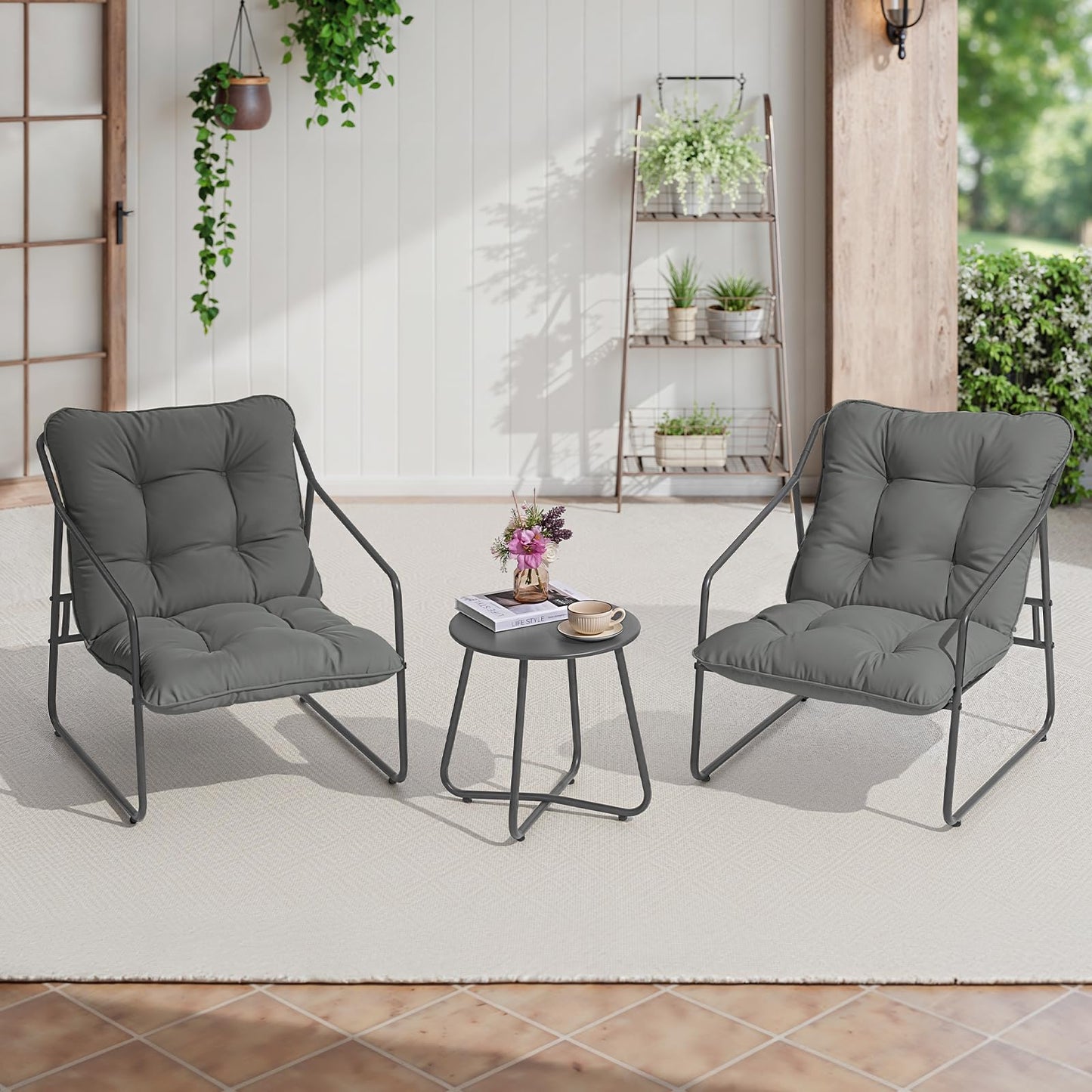 ONBRILL 3 Pieces Patio Furniture Set, Outdoor Conversation Set with 2 Outdoor Chairs and Coffee Table, Outdoor Furniture for Porch Garden Poolside Balcony Backyard, Grey