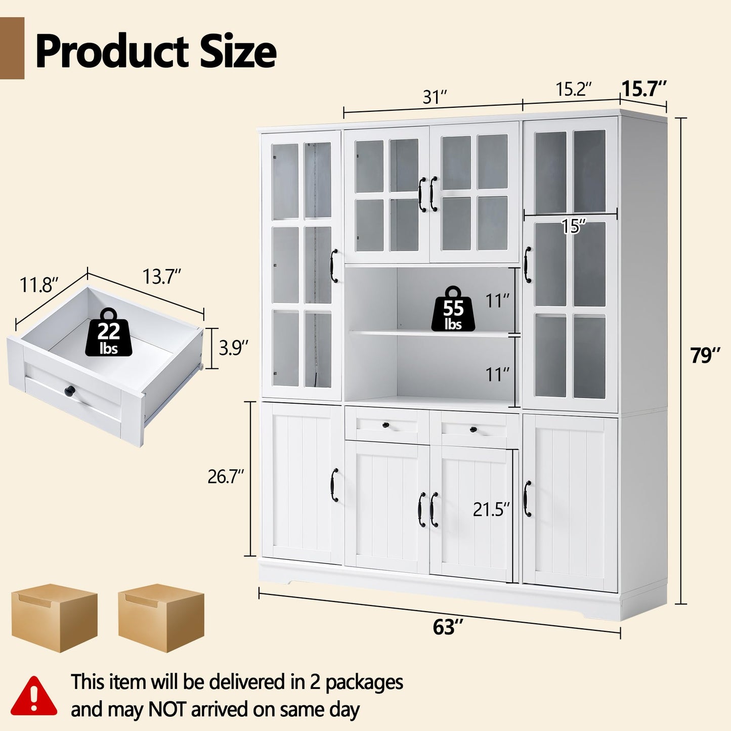 AMERLIFE 79" Tall Storage Cabinet with Glass Doors & LED Lights, Modern Large Display Cabinet with Drawer & Adjustable Shelves, Accent Furniture for Study/Living Room, Dining Room, Home Office, White
