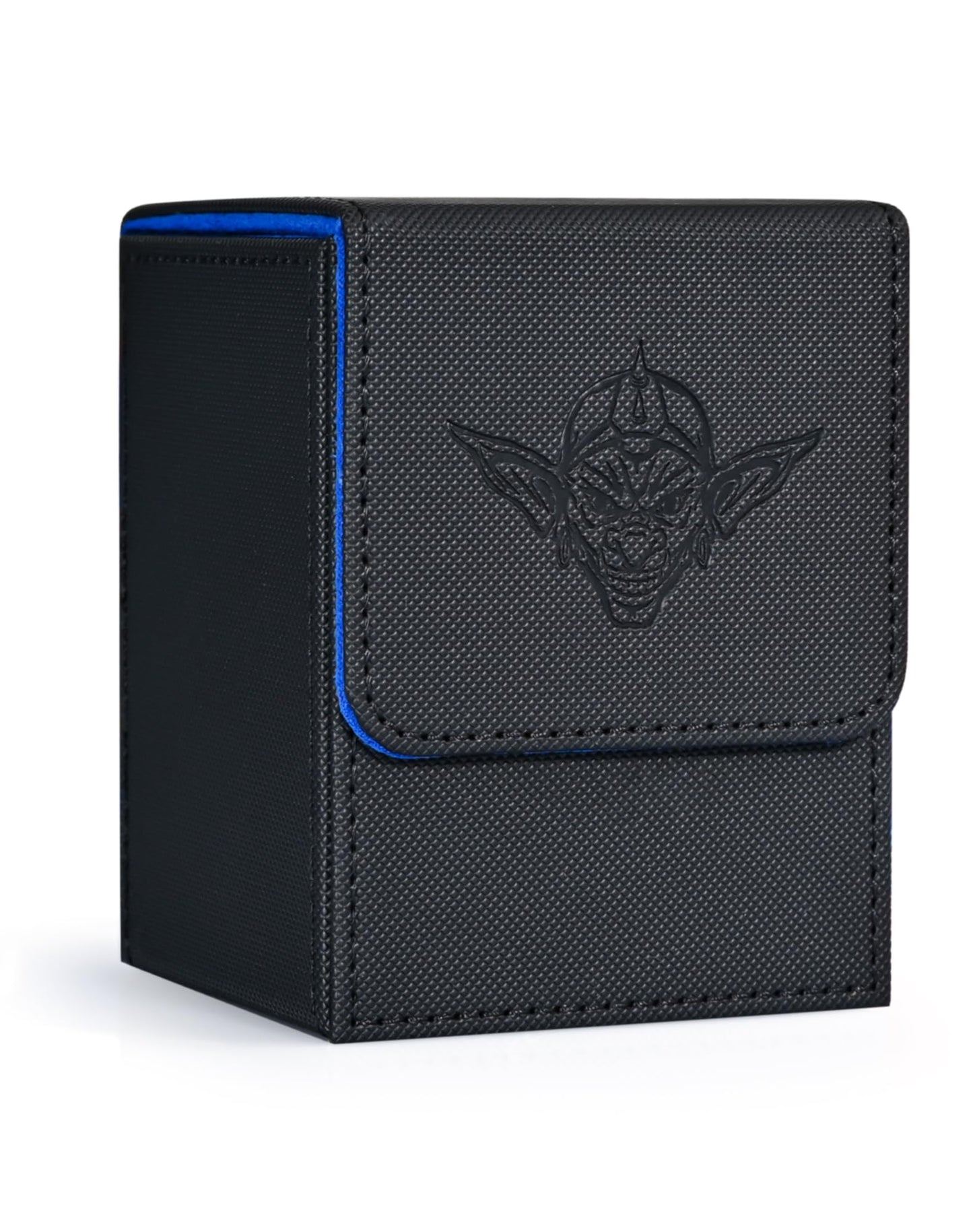 ZLCA Card Deck Box for Trading Cards with 2 Dividers, Card Storage Box Fits 100+ Single Sleeved Cards, PU Leather Strong Magnet Card Deck Case Holder for Magic Commander TCG CCG (Black&Blue,Goblin)
