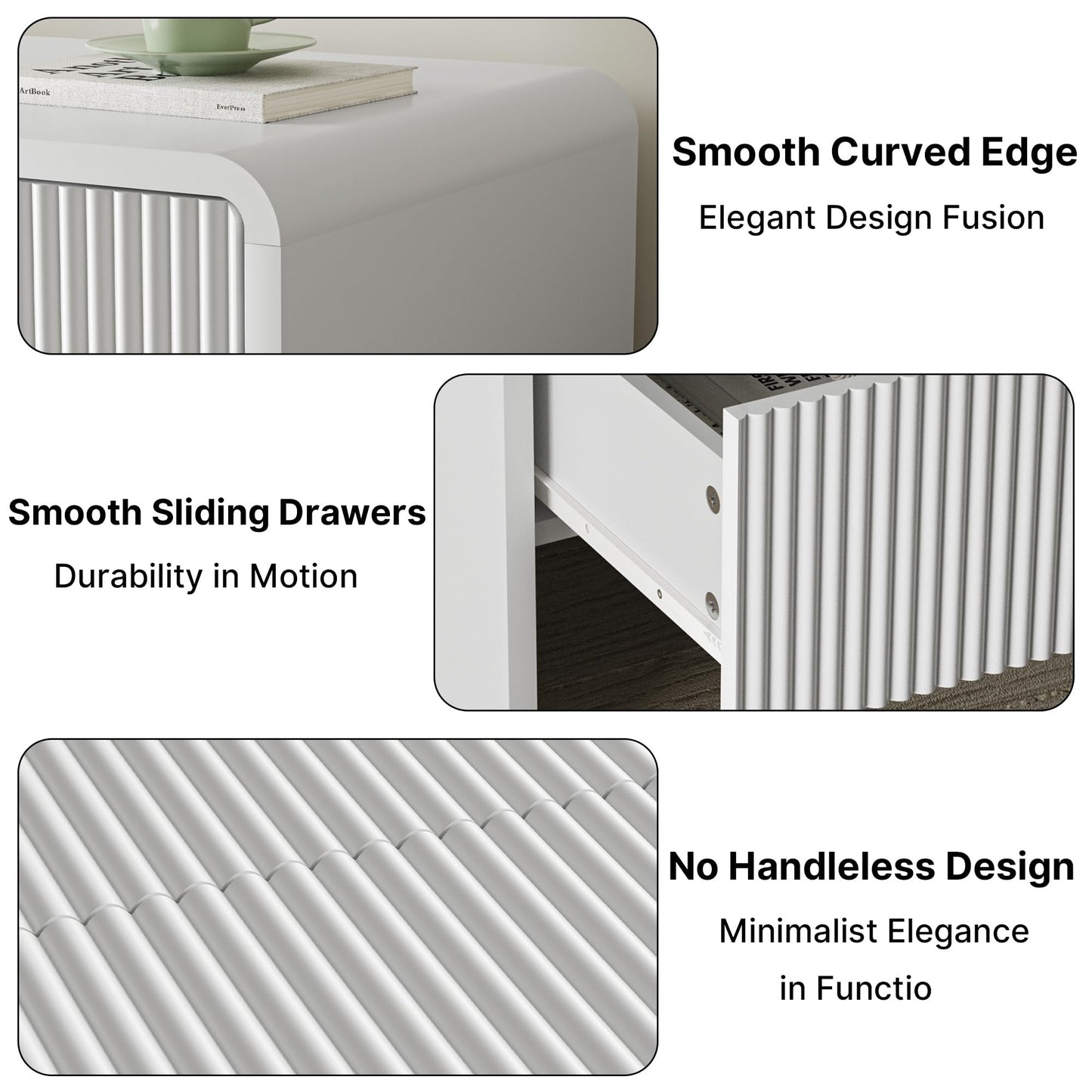 MAISONARIA 3-Piece Curved Dresser Bedroom Set, 6 Drawer Dresser & 2 Drawer Nightstands with Pop-up Design, Fluted Wood Chest of Drawers for Bedroom, Living Room, Entryway, White