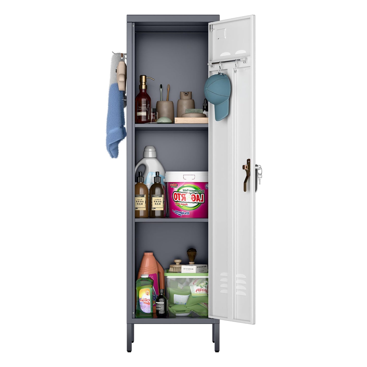 Aobabo Metal 54" H Metal Storage Locker for Employees, Lockable 1 Door with Towel Rack and 2 Side Pegboards with Hooks for School Office Gym Bedroom, Assembly Required (Gray White)