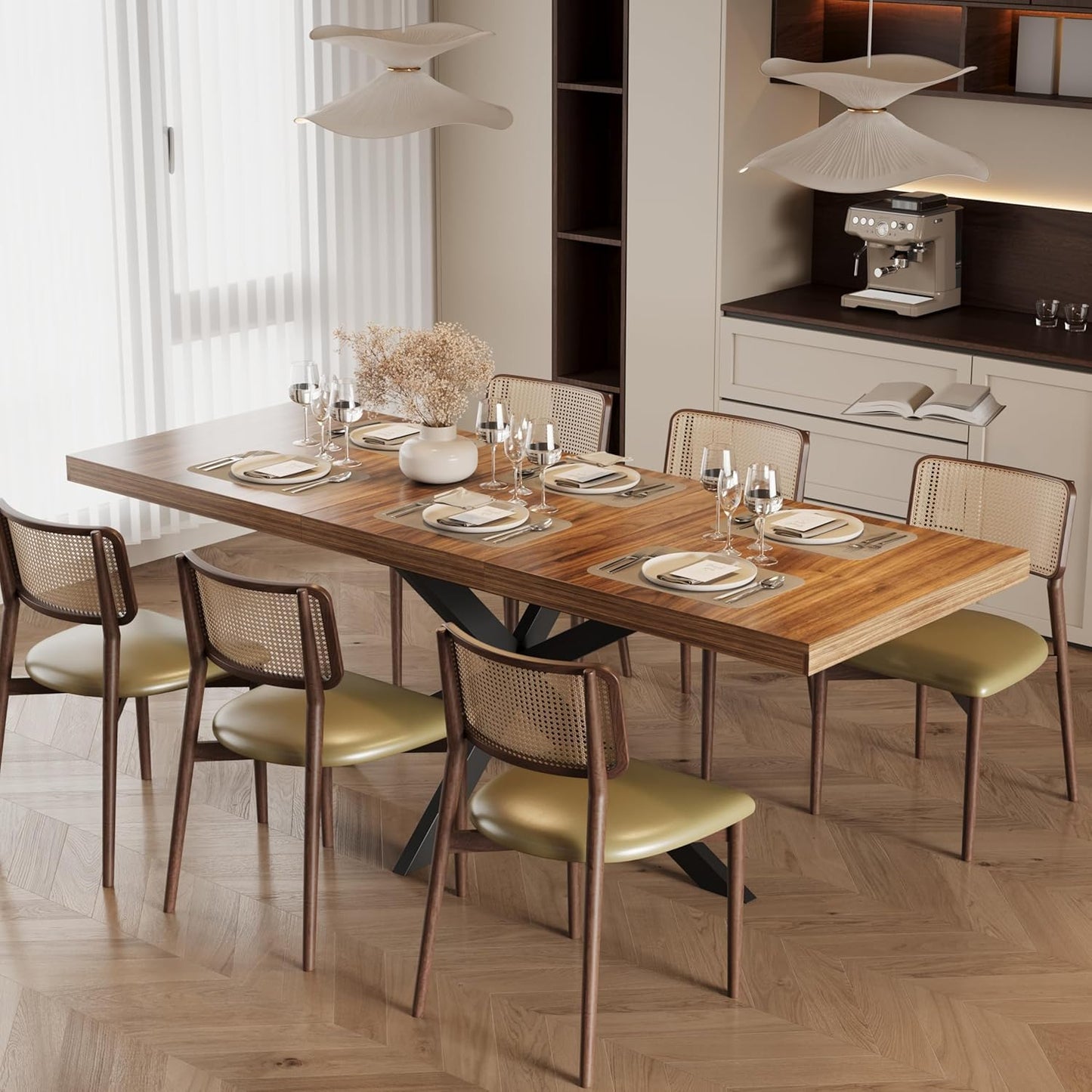 CayugaCrekrd 59"-78.7" Extendable Dining Table for 4 6 8 People, Wooden Kitchen Table with Hidden Storage, Dining Room Tables for Living Room, Kitchen, Brown