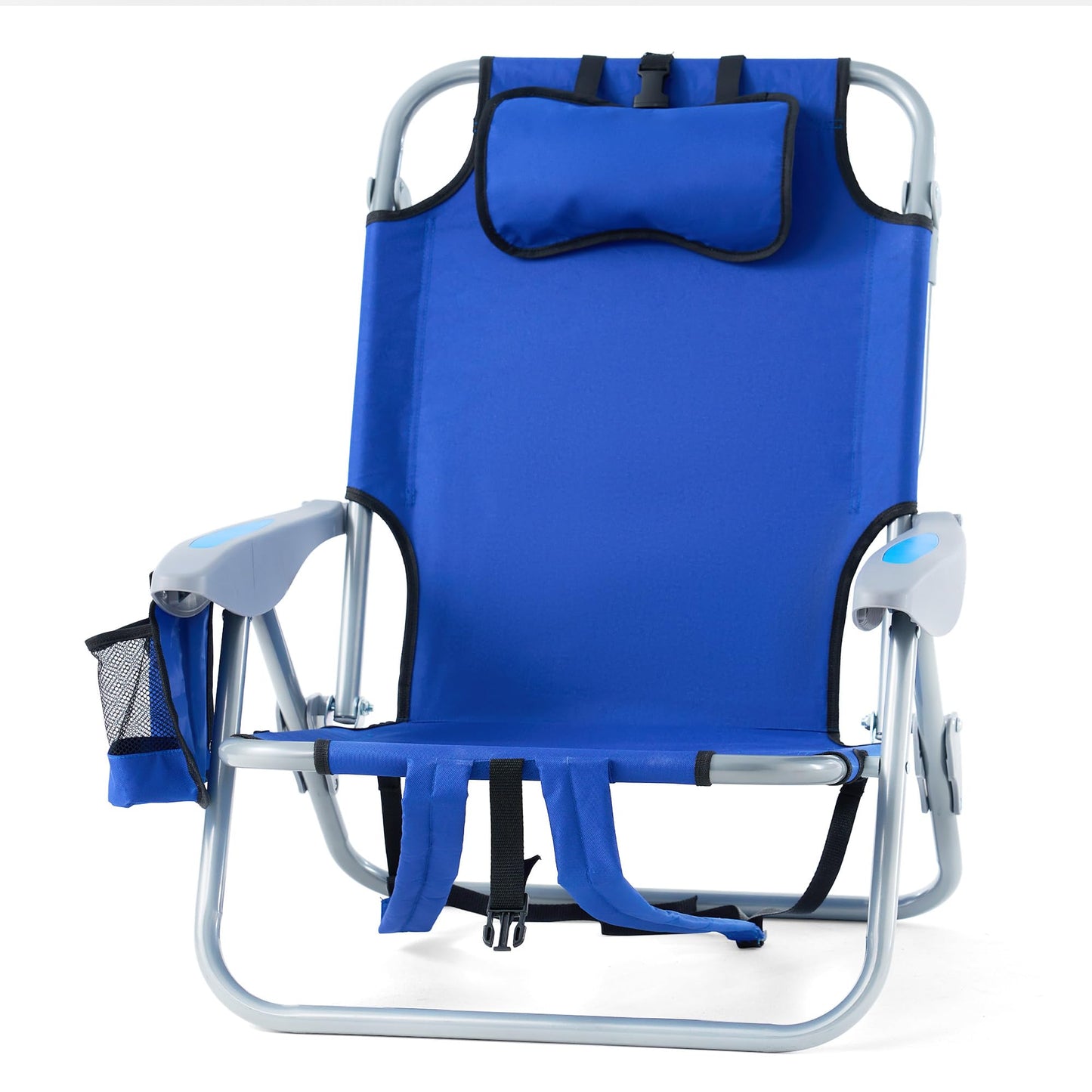Geisoun Beach Chair with 5 Adjustable Positions, Lightweight Foldable Camping Chair with Pillow, Reclining Chair for 350 LBS Adult, with Shoulder Straps, Storage Bag, Cup Holder, Towel Bar