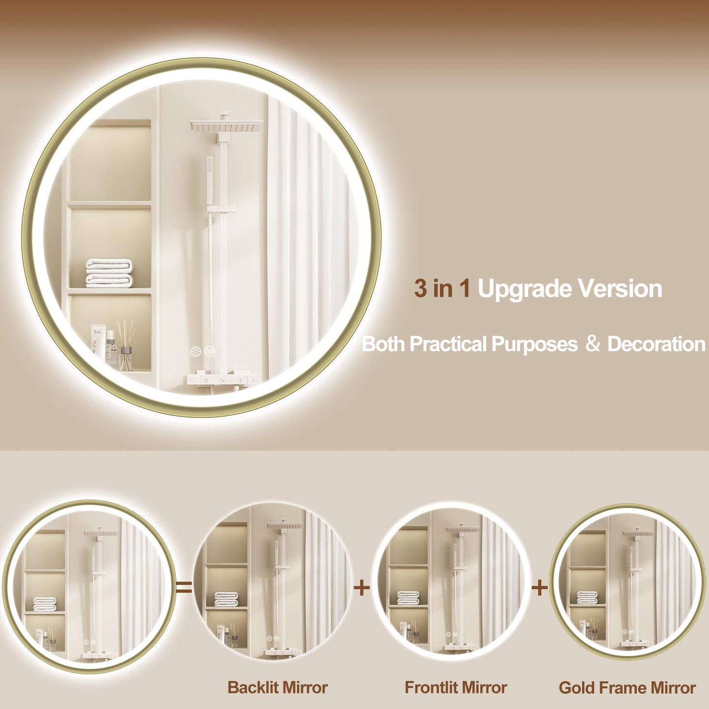 S'bagno 32" Round Gold LED Mirror for Bathroom With Frontlit & Backlit, Metal Frame, Anti-Fog, Stepless Dimmable, 3 Colors Temperature Vanity Mirror