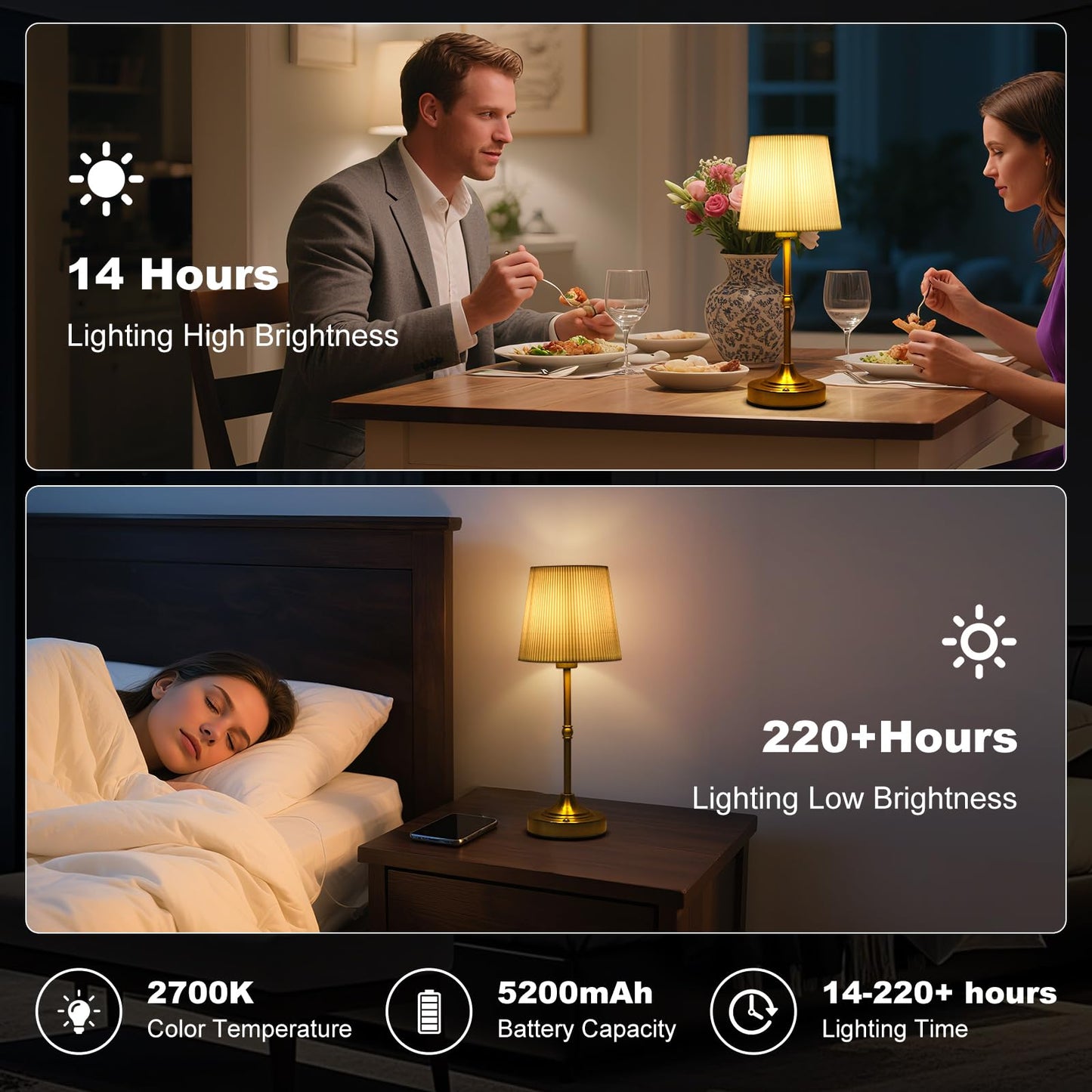 HULKNPEE Cordless Table Lamp Rechargeable,5200mAh Battery Operated Bedside Lamps for Nightstand Bedroom Living Room Kitchen Restaurant Dining,Gold Touch Dimmable Lamp Warm Light with Bulb 15.8"