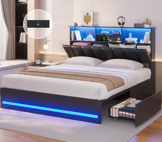 AOGLLATI Queen Bed Frame with Stylish Bookcase Headboard & Charging Station & LED Lights,Queen Size Bed Frame with 4 Drawers and Metal Slats, No Box Spring Needed,Black