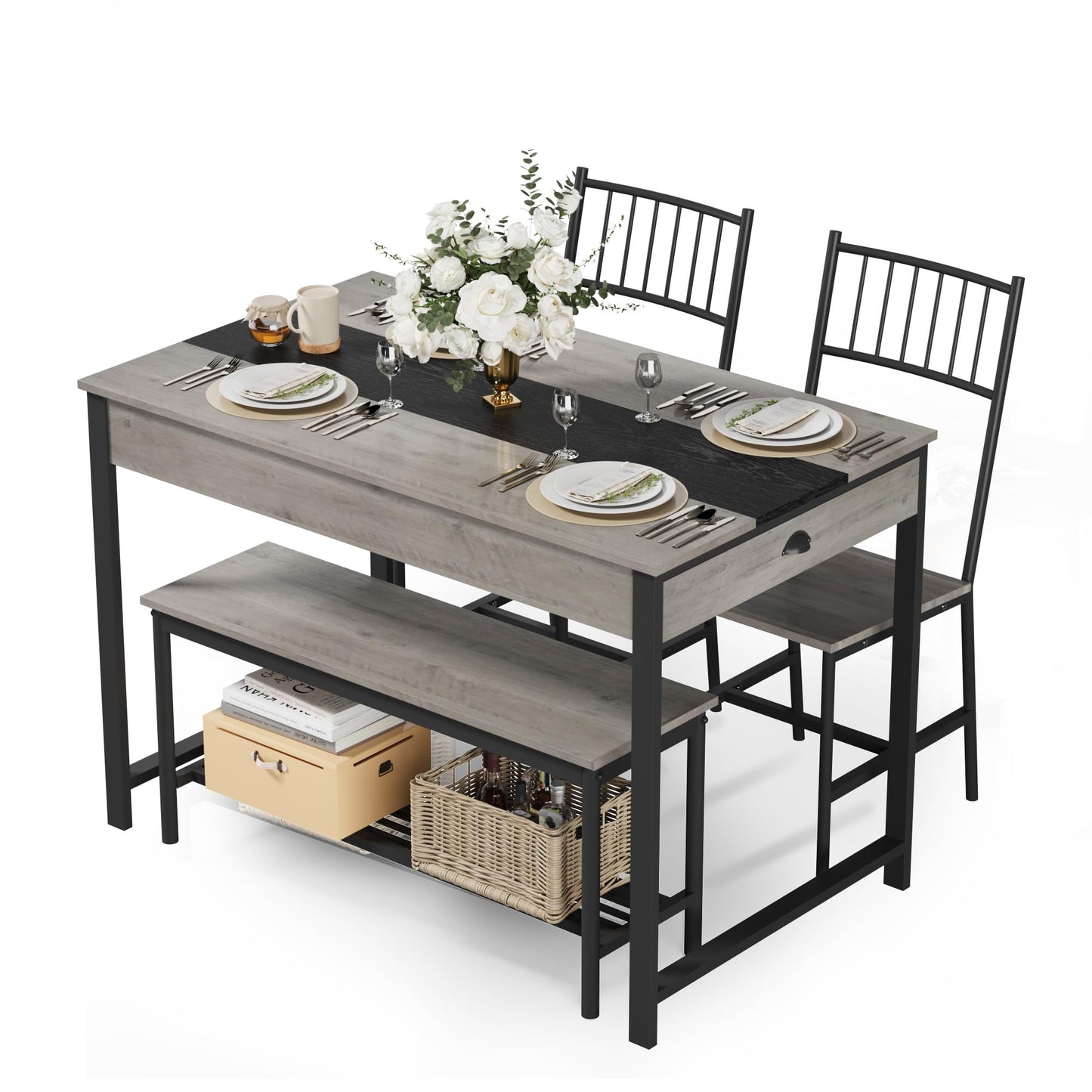 GarveeHome Dining Table Set for 4, Small Kitchen Table and 2 Chairs for 4 with Bench, Space Saving Kitchen Table Set with Storage Rack & Drawers, Breakfast Nook Rectangular Farmhouse Table Set, Grey