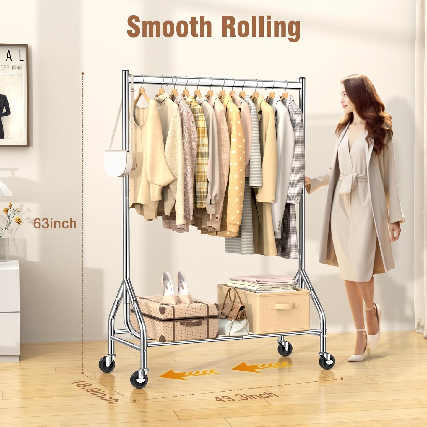 EAGMAK Heavy Duty Clothes Rack Load 420 LBS, Rolling Garment Rack with Lockable Wheels, Standing Metal Clothing Rack with Shelves, Portable Wardrobe Sturdy Coat Rack for Hanging Clothes (Silver)