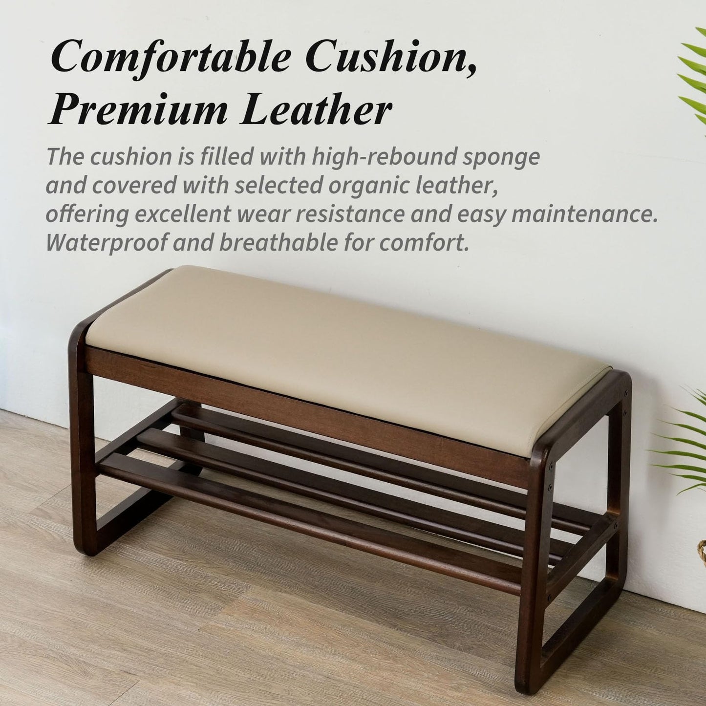 Cttasty Grey Shoe Bench, Entryway Bench with Leather Cushion, Solid Wood Shoe Rack, Mid Century Modern Bench, Shoe Storage, Shoe Organizer for Entryway, 21.7 L x 11.8 D x 16.5 H Inches