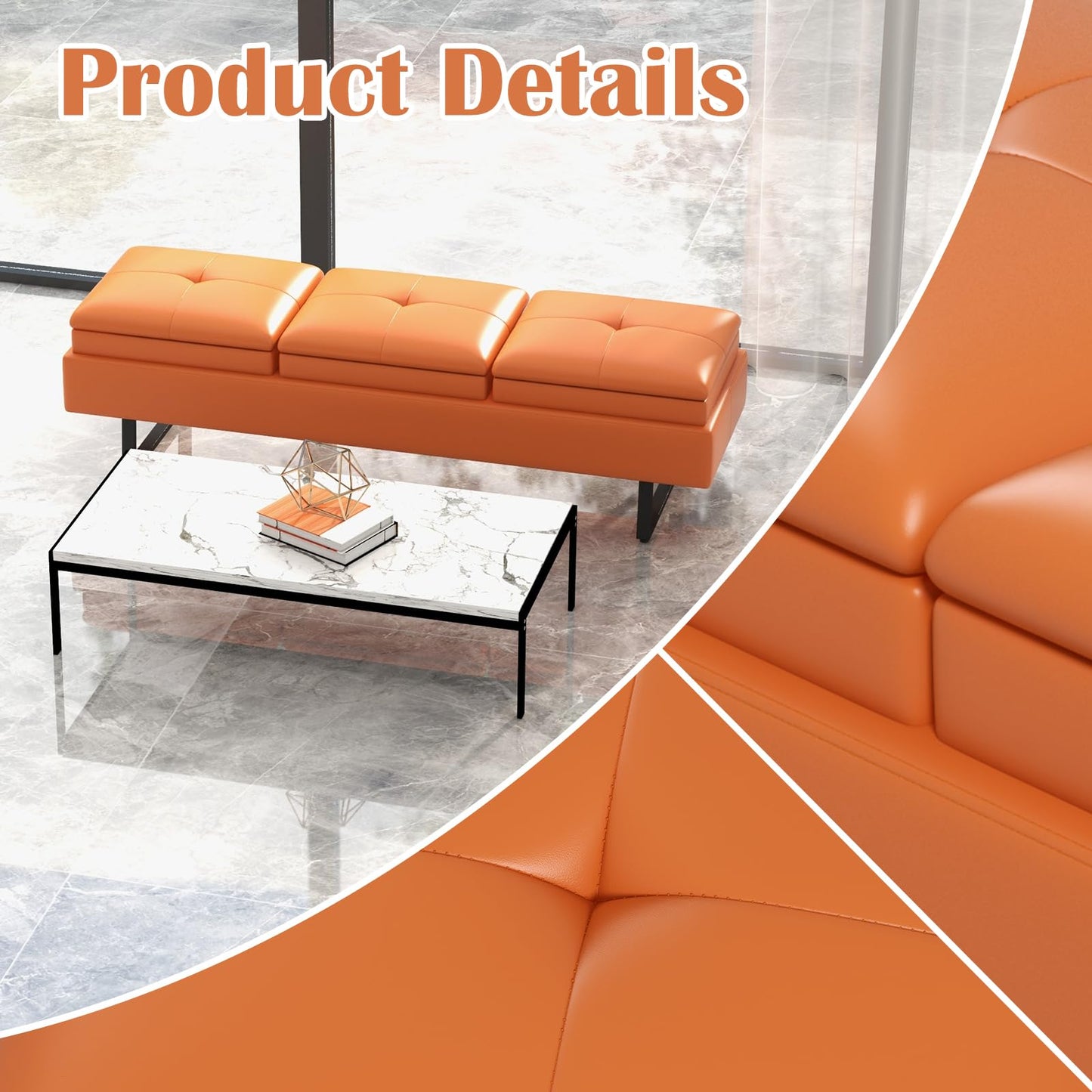Kinfant Modern Futon Sofa Bed - 3-Seat Couch Bed with Soft Cushions for Living Room Bedroom and Small Space (PU Leather, Orange)