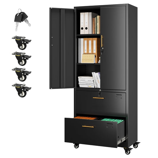Aobabo Metal 2 Drawers Lateral File Storage Cabinet and Unit Adjustable Shelf Organizer, 2 Door Storage Office Steel Files Cabinet with Wheels, Legal/Letter A4 Size, Assembly Required, Black