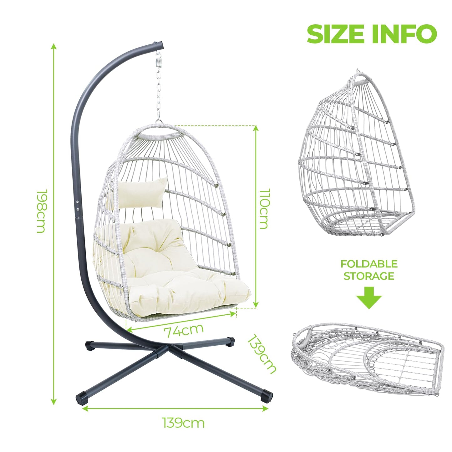 Yzwetcy Egg Chair with Stand Outdoor Foldable Patio Wicker Hanging Swing Chairs for Bedroom Balcony with Cushions 350Lbs Indoor Lounge Basket All Weather Hammock Swinging Chair, Cream