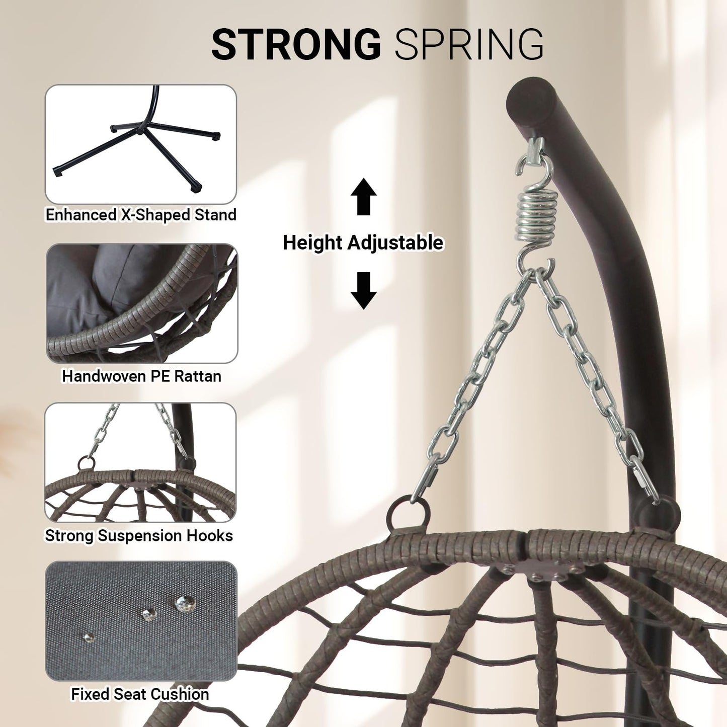 JOINFUN Egg Chair with Stand, Patio Wicker Hanging Swing Egg Chair Thickened, Galvanized Pipe Steel Frame and UV Resistant Cushion for Bedroom Garden Indoor Outdoor, 350LBS Capacity (Drak Grey)