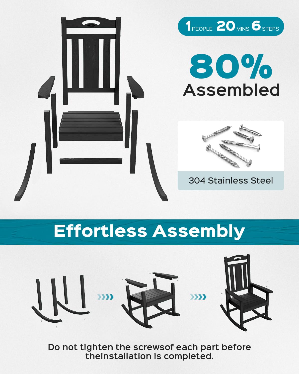 Black Outdoor Rocking Chairs Set of 2, HDPE Poly Rocking Chair for Adults, Patio Rocking Chairs for Porch