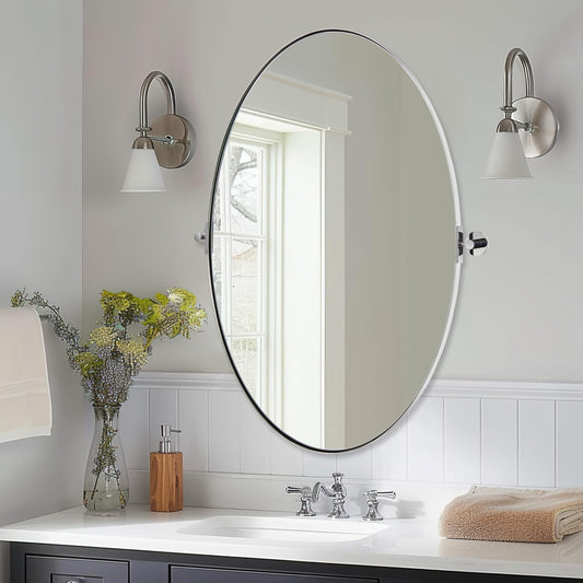 ANDY STAR Oval Bathroom Mirror, 22" x 34" Chrome Stainless Steel Metal Frame Pivoting Mirror for Over Sink with Adjustable Tilting Design, Vanity Mirror for Modern Wall