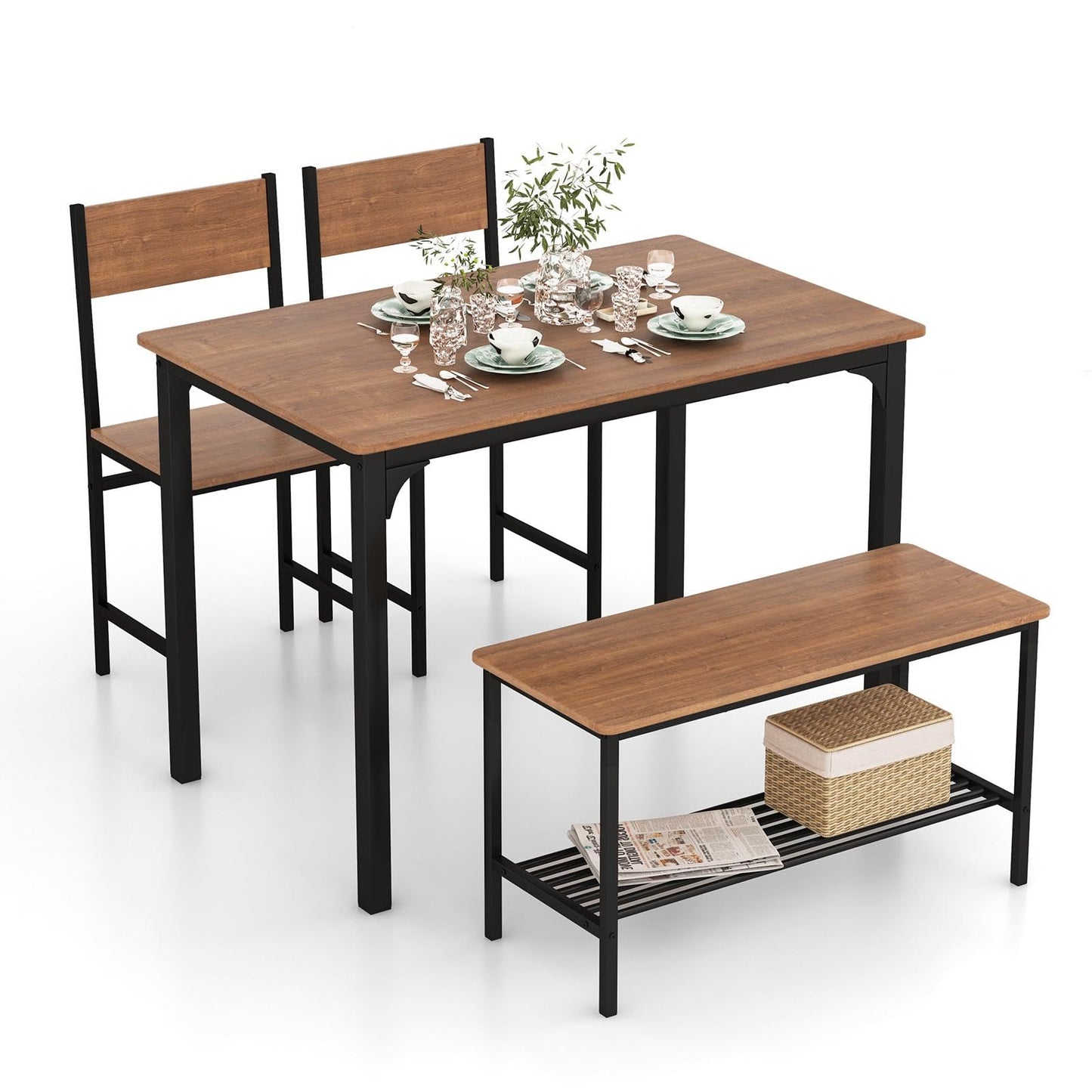 ReunionG Dining Table Set for 4, Modern Dinette with 1 Bench & 2 Chairs, Storage Shelf, 4-Piece Kitchen Table for Small Space, Apartment, Dining Room, Restaurant (Rustic Brown)