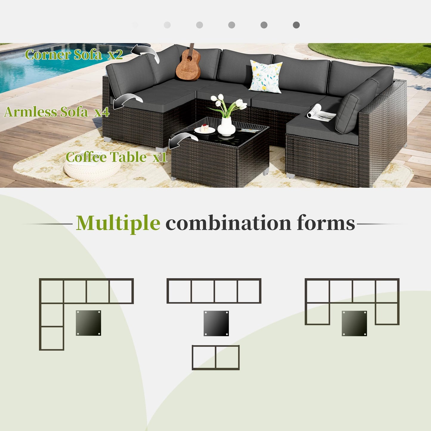 ELEGIBLISS 7 Pieces Patio Furniture Set - Outdoor Sectional Wicker Rattan Furniture with Cushion and Glass Table Patio Conversation Sets for Porch Poolside Backyard Outdoor Sofa Set Modular Sofa