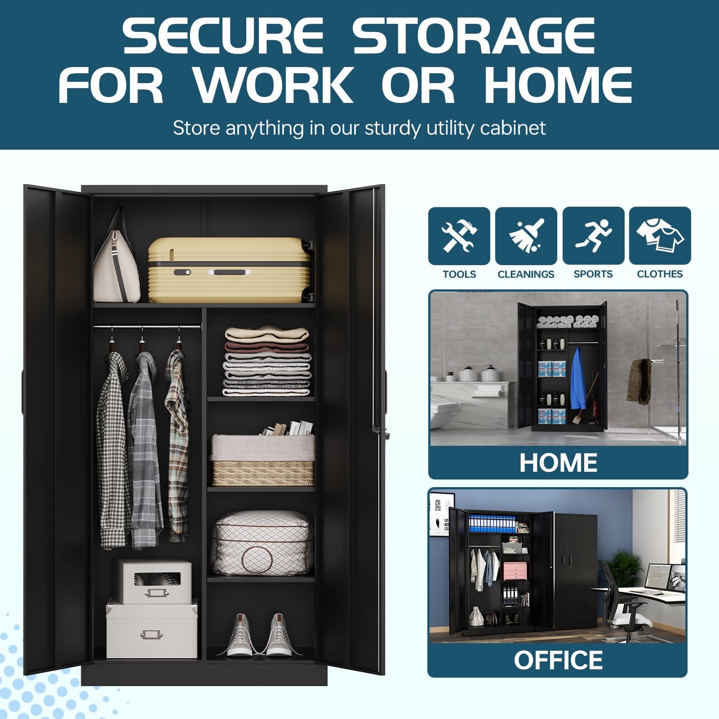 MIIIKO Metal Clothing Storage Locker, Steel Wardrobe Cabinets with Shelves and Closet Rod, 72" Large Storage Locker Closet for Sports Equipment, Tools, Cleaning Supplies, Garments