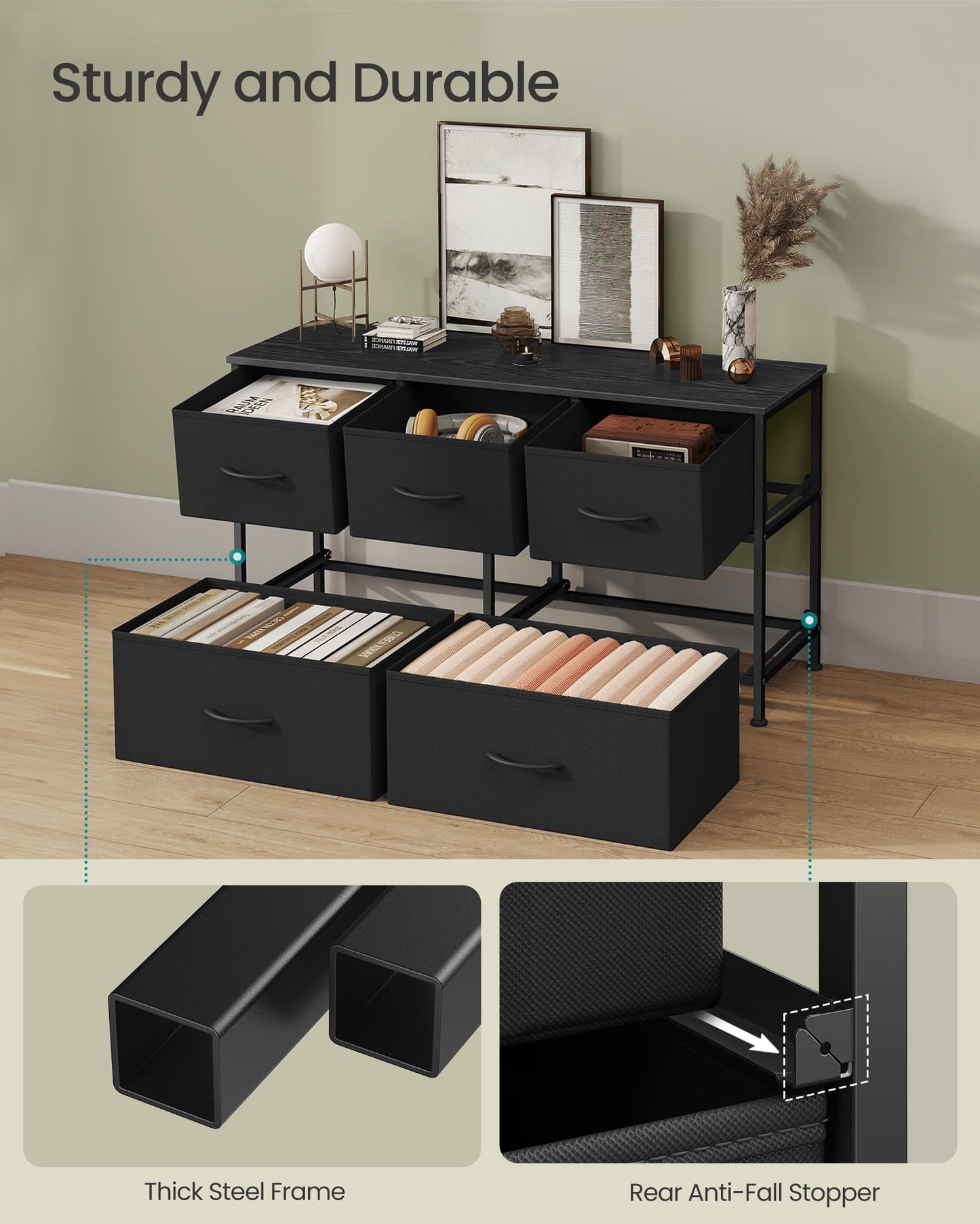 SONGMICS Dresser for Bedroom, Chest of Drawers, TV Stand, Steel, MDF, 5 Non-Woven Fabric Drawers, Storage Organizer Unit, Closet, Entryway, Ink Black and Ebony Black ULGS322B01S