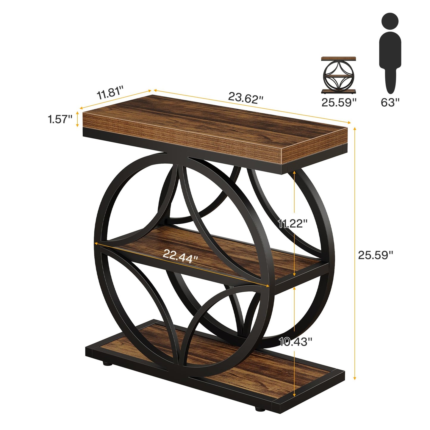Tribesigns Side Table for Living Room, Narrow Small End Table with 3-Tier Storage, Wooden Industrial Bedside Nightstand with Metal Frame, Rustic Brown