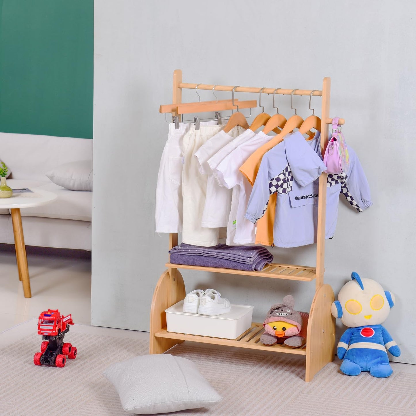 BAMBOOHOMIE Kids Clothing Rack With Adjustable Rods, Children Clothes Garment Rack for Baby Pet, Dress Up Rack With 2 Bottom Shelves, Wardrobe Closet for Toddlers Nursery