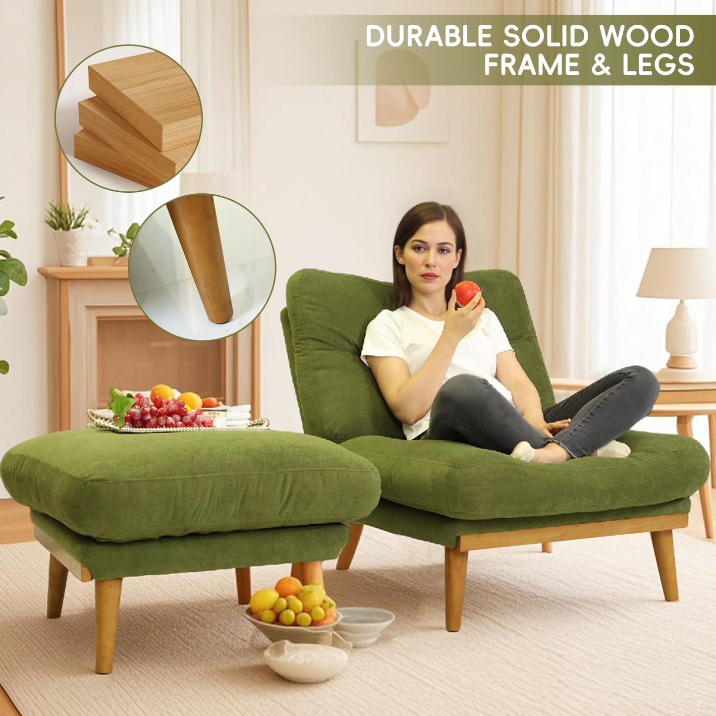 Modern Accent Chair with Ottoman - Cloud-Like Down-Filled Recliner, Adjustable Backrest Lounge Chair with Solid Wood Frame, Sherpa Fabric & Overstuffed Puffy Cushion for Living Room (Grass Green)