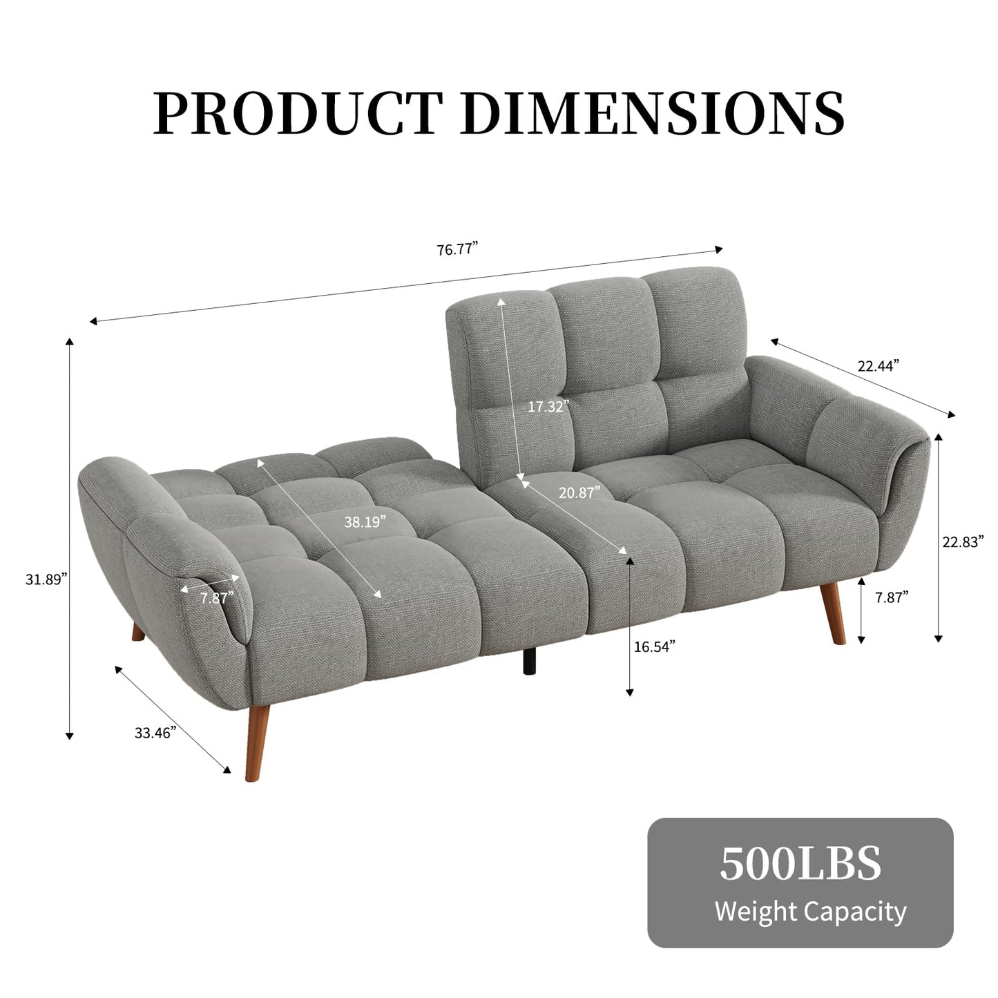 saows Futon Sofa Bed, Convertible 77" Modern Linen Futon Couch, Comfy Sleeper Sofa with Adjustable Backrests, Couch Bed for Small Spaces, Living Room, Bedroom, Apartment, Gray