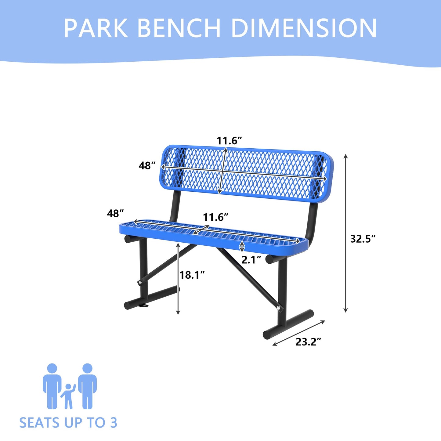 Sunnibety 4 Feet Heavy Duty Metal Park Bench for Outside, Outdoor Bench with Backrest & Portable Frame, Commercial Benches for Shopping Malls, Stores, Parks, Patios, Decks, Blue