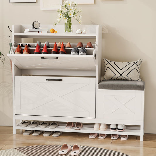 BouPower Shoe Cabinet with Bench, Farmhouse Narrow Slim Shoe Storage Cabinet 2 Flip Drawers for Entryway, Living Room, Hallway, White