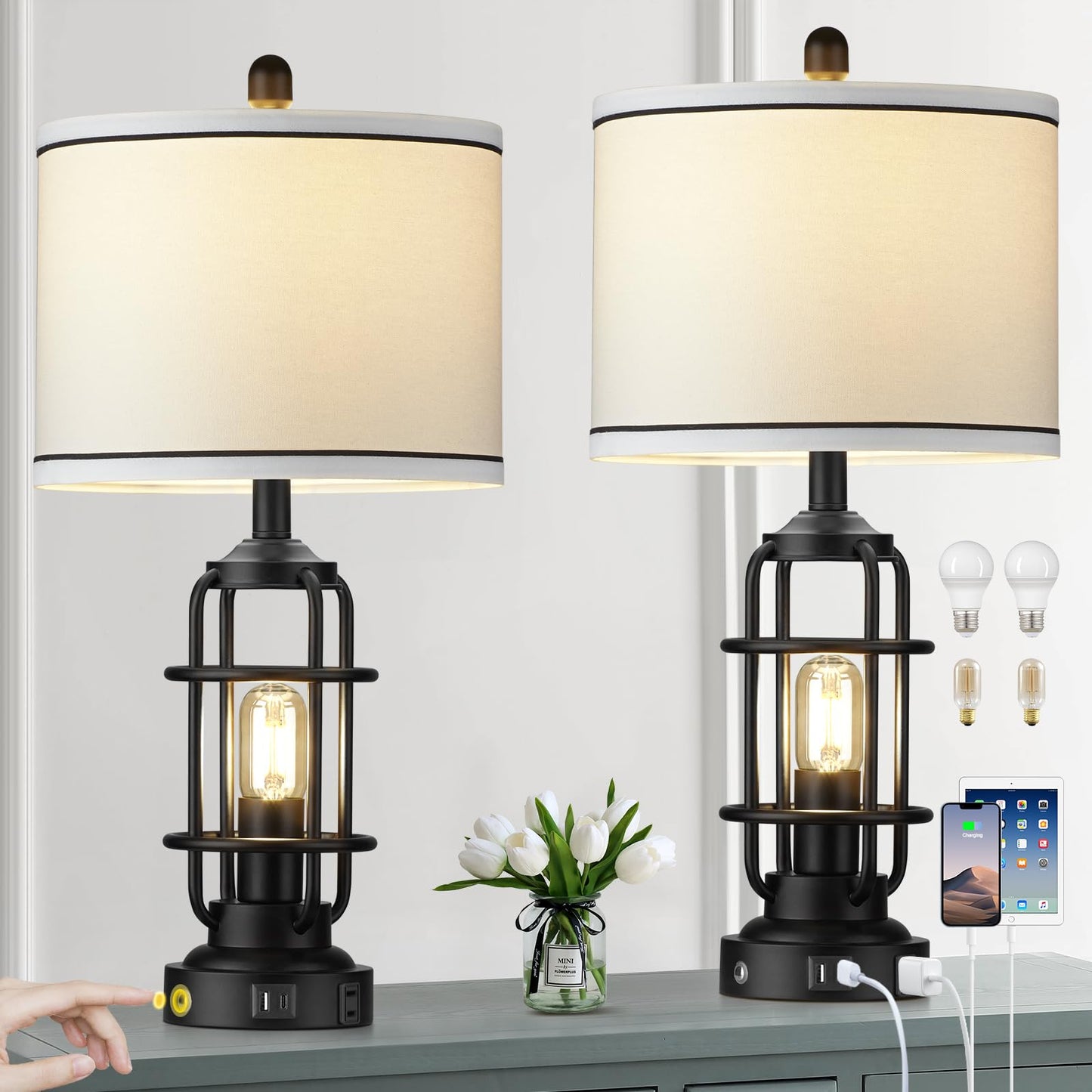 Modern Table Lamps, Industrial 3-Way Dimmable Bedside Lamp with USB A+C Ports & AC Outlet, Touch Control Rustic Nightstand Lamp LED Night Light for Living Room Bedroom Decor Home(4 Bulbs Included)