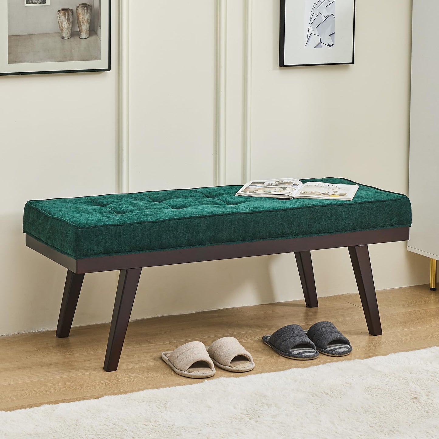 Entryway Bench, 47.2" End of Bed Bench, Chenille Benches for Bedroom Ottoman Bench with Padded Seat, Tufted Upholstered Indoor Bench with Rubber Wood Legs for Living Room, Mudroom, Hallway, Green