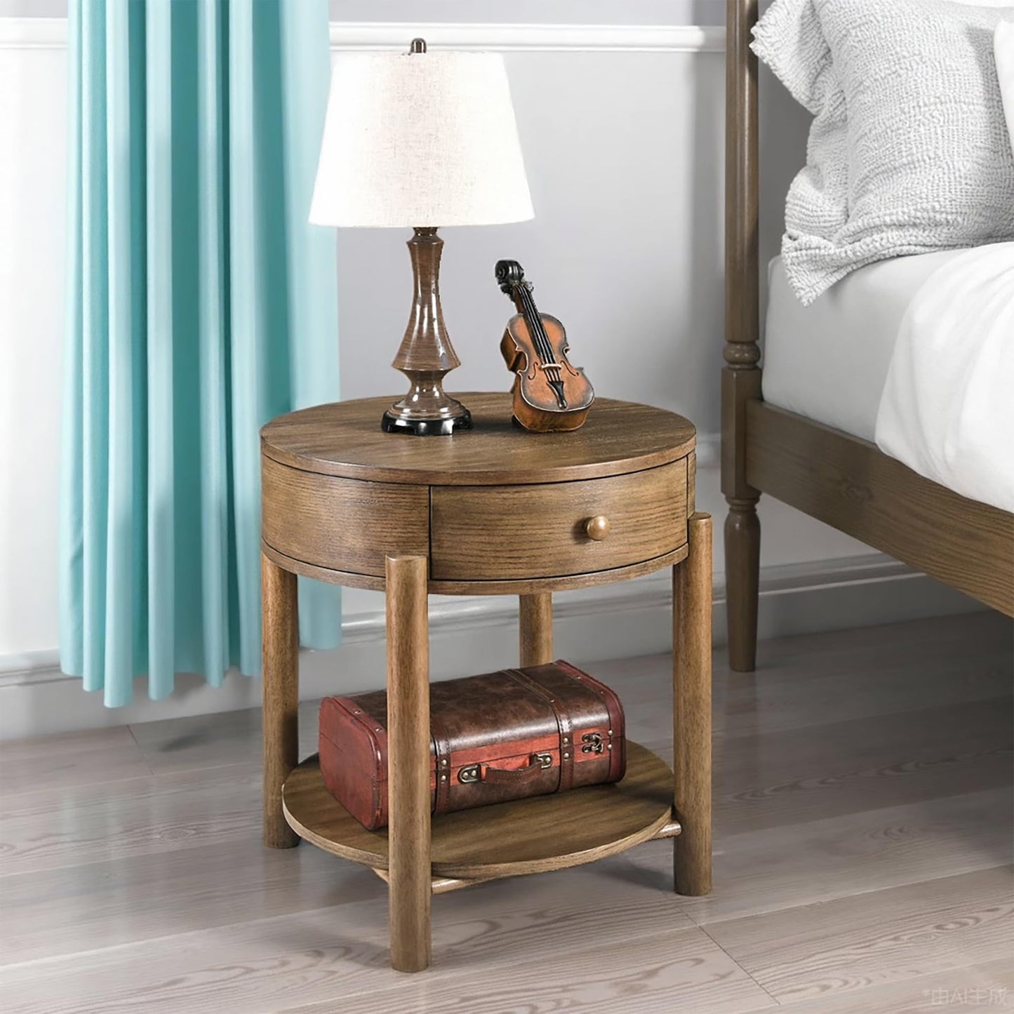 Solid Wood 2-Tier Round End Table with Drawer, 24" Small Sofa Side Table with Storage Oak Wood Accent Drink Table Modern Nightstand with Shelf for Living Room Bedroom Office, Brown