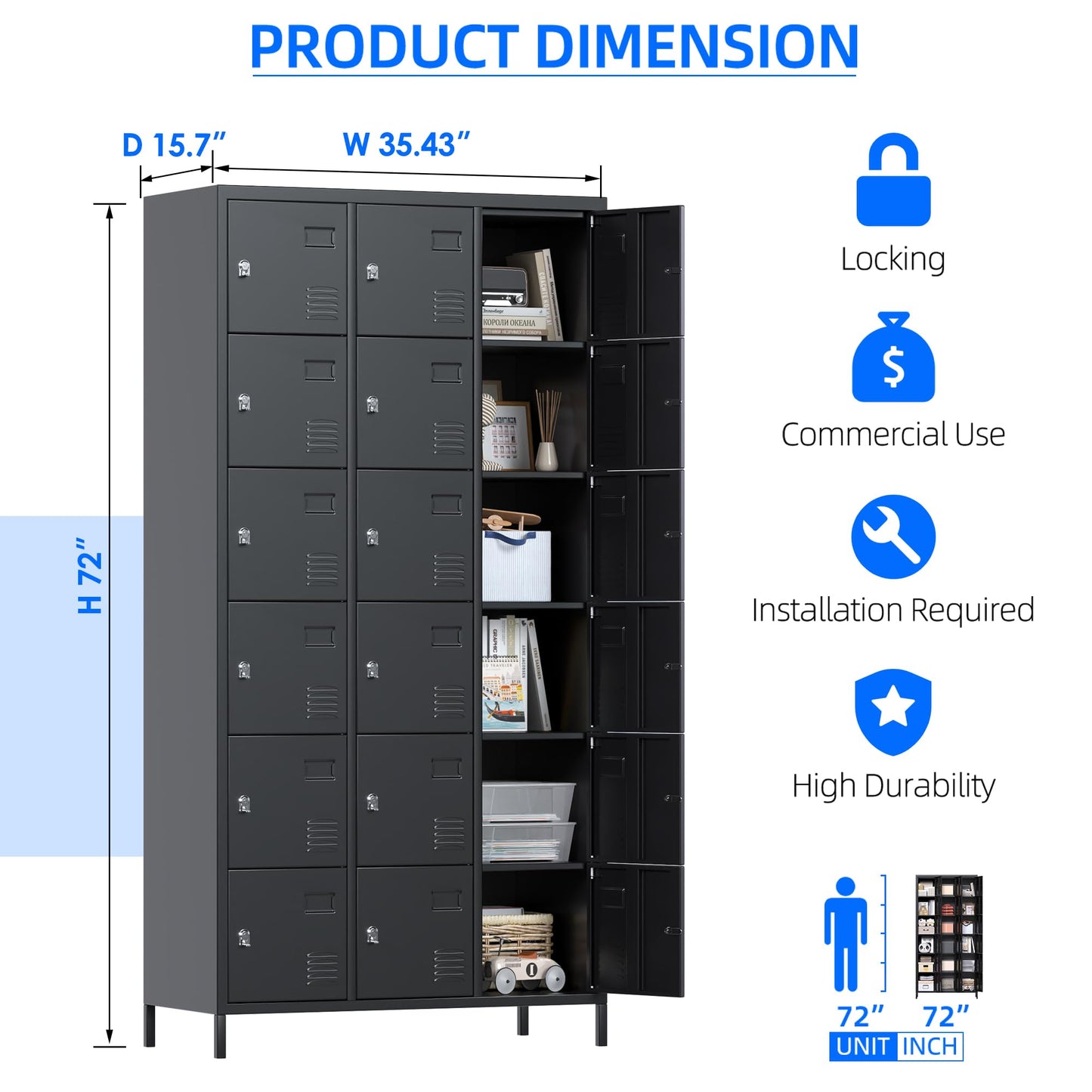 METAN Metal Locker for School Office Gym Bedroom, 18 Doors Black Steel Storage Locker Cabinet for Employees, Industrial Storage Locker, Assembly Required (18 Door-Black)