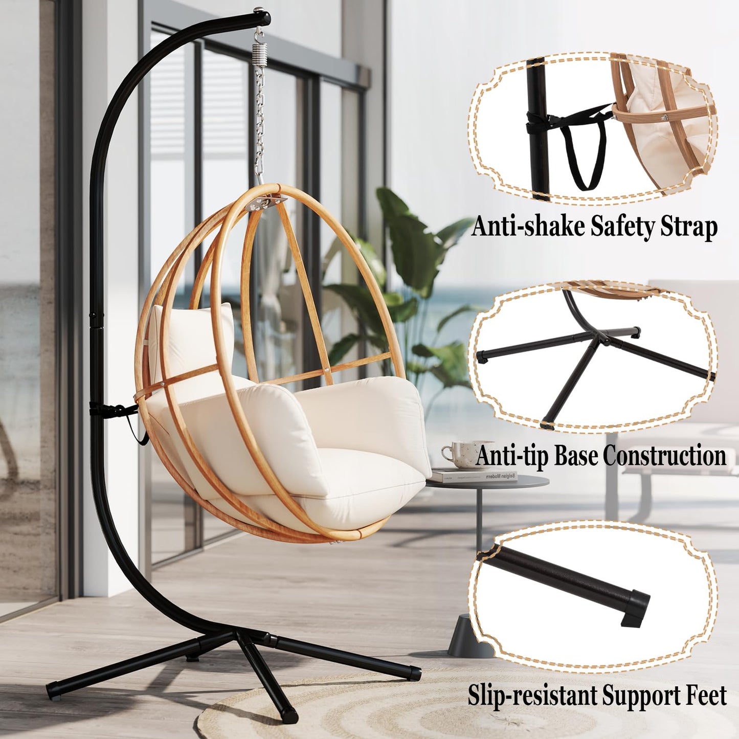 DAYAOUTDOOR Hanging Egg Chair with Stand, Egg Swing Chair Outdoor for Balcony, Patio Hanging Egg Chairs with Cushions for Relaxation in Bedrooms, Gardens, Beige