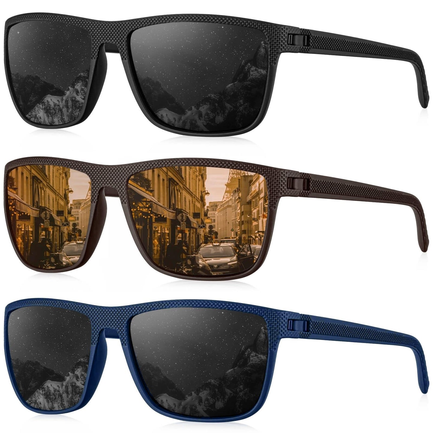 KALIYADI Polarized Sunglasses Men, Lightweight Mens Sunglasses Polarized UV Protection Driving Fishing Golf (Black/Brown/Dark Blue&Grey)