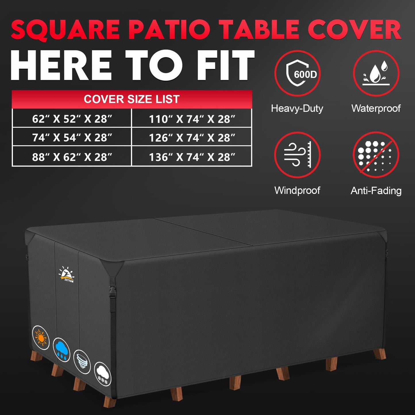 Zettum Patio Furniture Cover Rectangle - 110 Inch Outdoor Table Cover Waterproof & Heavy Duty, Large 600D Lawn Furniture Sofa Set Covers for Outside Dining Table and Chairs Combo - 110 x 74 x 28 Inch