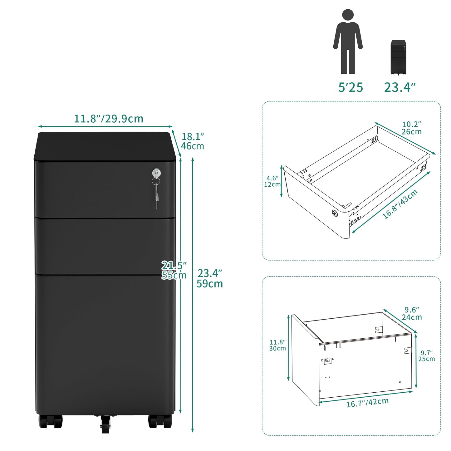 YITAHOME 3-Drawer File Cabinet, Lockable Mobile Filing Cabinet for A4/Letter/Legal Size Folder, Vertical File Cabinet for Home Office, Installed Except Casters, Black