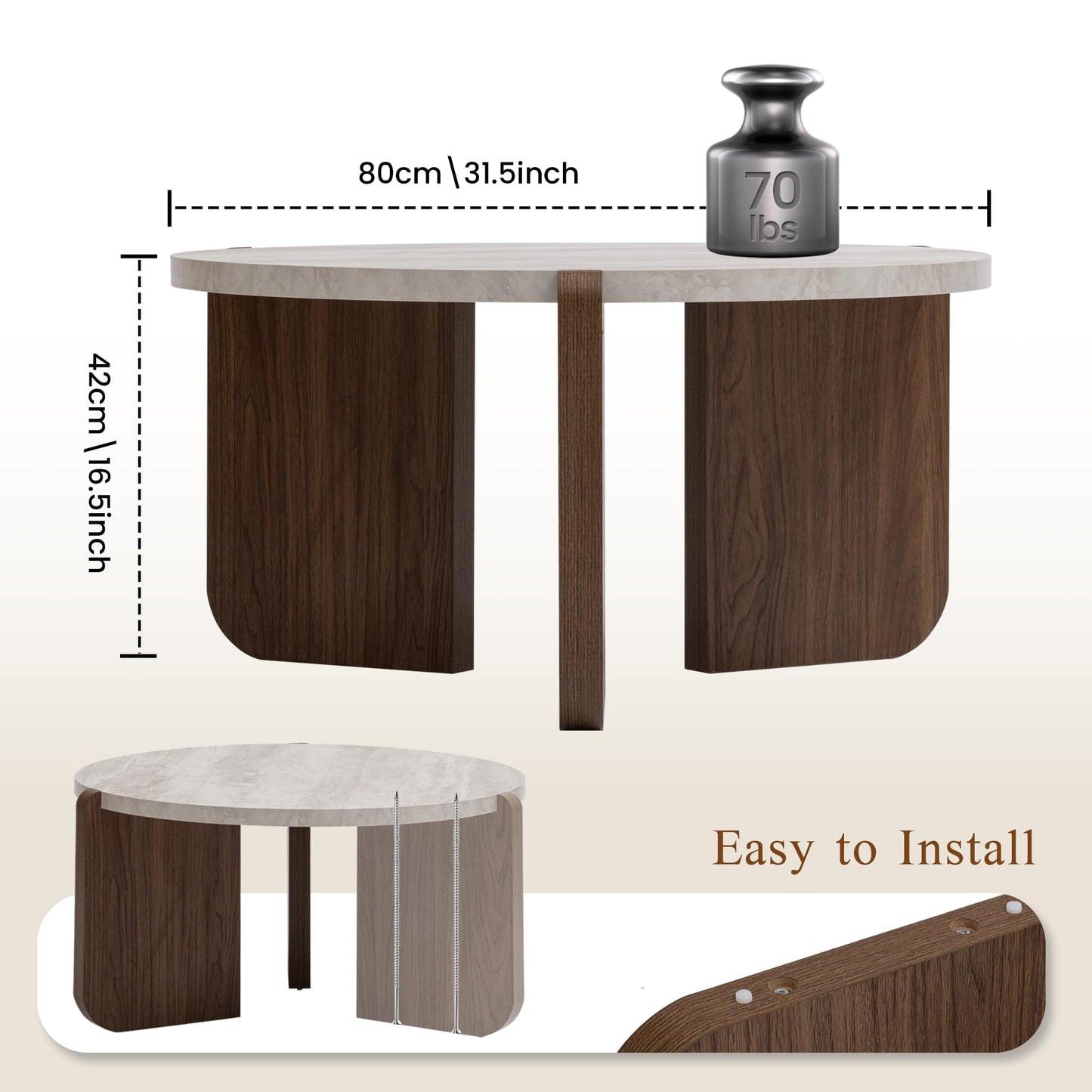 SUNBURY Coffee Table and End Table Sets, Round Marble Modern 3-Piece Living Room Table Set for Office, Living Room, Apartment, Small Space, Easy Assembly Living Room Furniture, Faux Marble