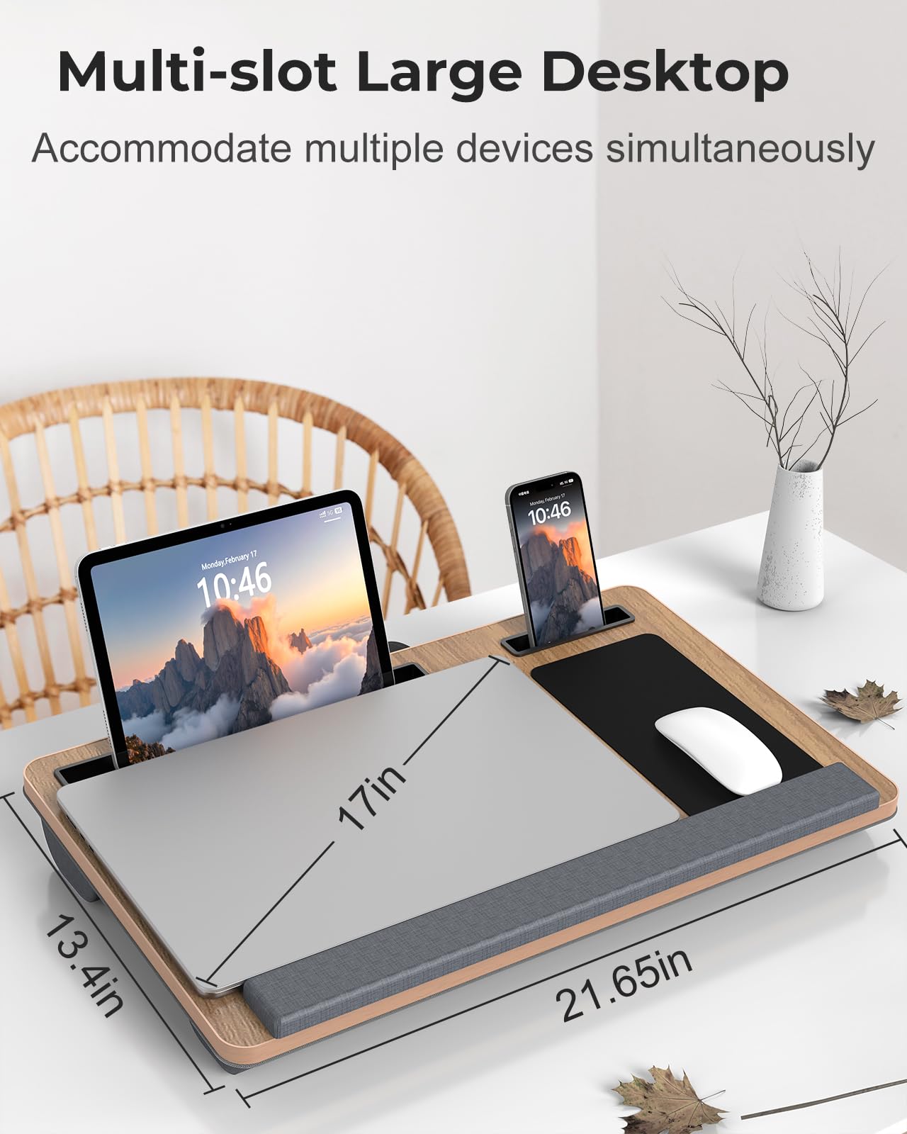 Potuopy Lap Desk - Up to 17” Laptop with Wrist Rest, Portable Handle, Fixed Mouse Pad, Tablet & Phone Slots, Laptop Stand for Bed with Cushion (Dark Brown Woodgrain)
