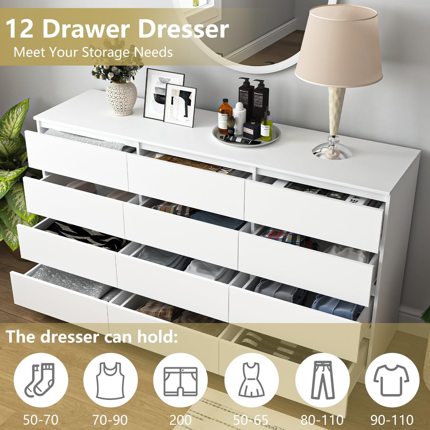 CIPACHO White Dresser for Bedroom,Modern Long 12 Drawer Dresser with Deep Drawer,Wood Storage Chest of Drawer, Bedroom Storage Organizer,TV Stand for Living Room