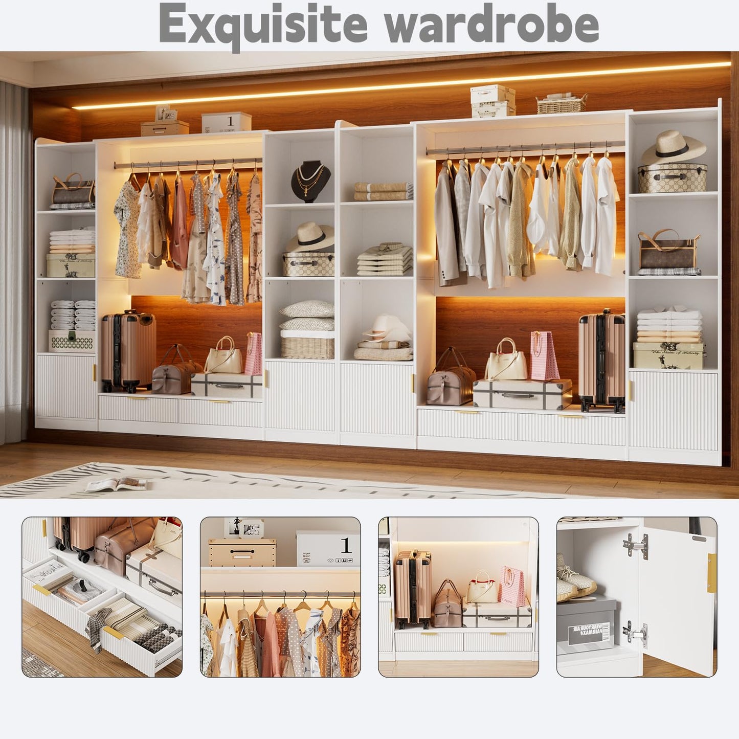 PAKASEPT Freestanding Closet System, 64.9" Stand-Alone Wardrobe with 6 Display Storage Cabinet & Hanging Rods & 2 Wood Drawers, Cloth Garment Rack with Multi Color Light, Walk-in Closet, White