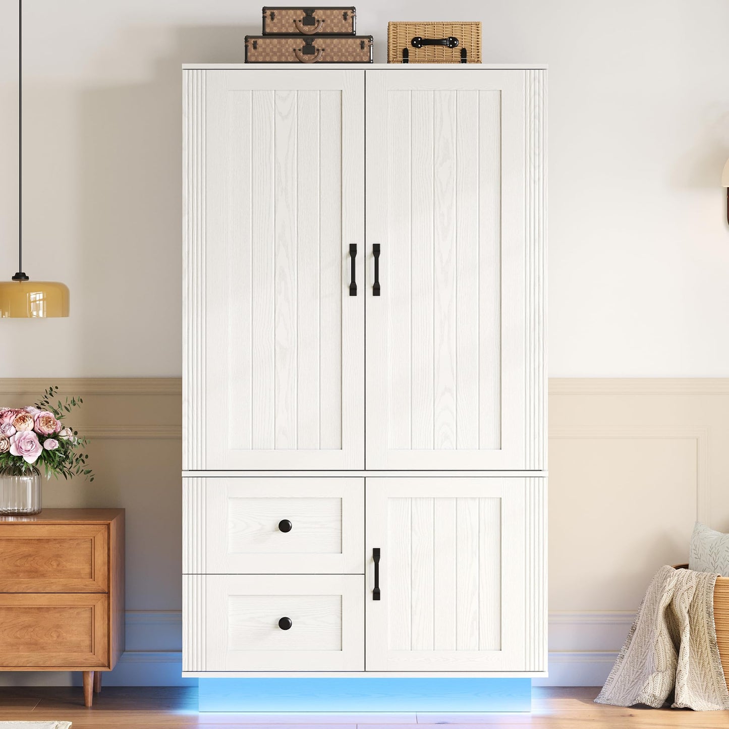 LIKIMIO Farmhouse Wardrobe Closet with Doors, 70" Bedroom Armoires with LED Lights and Hanging Rod, Wooden Large Wardrobe Cabinet with 2 Drawers and 1 Cabinet, Classic White
